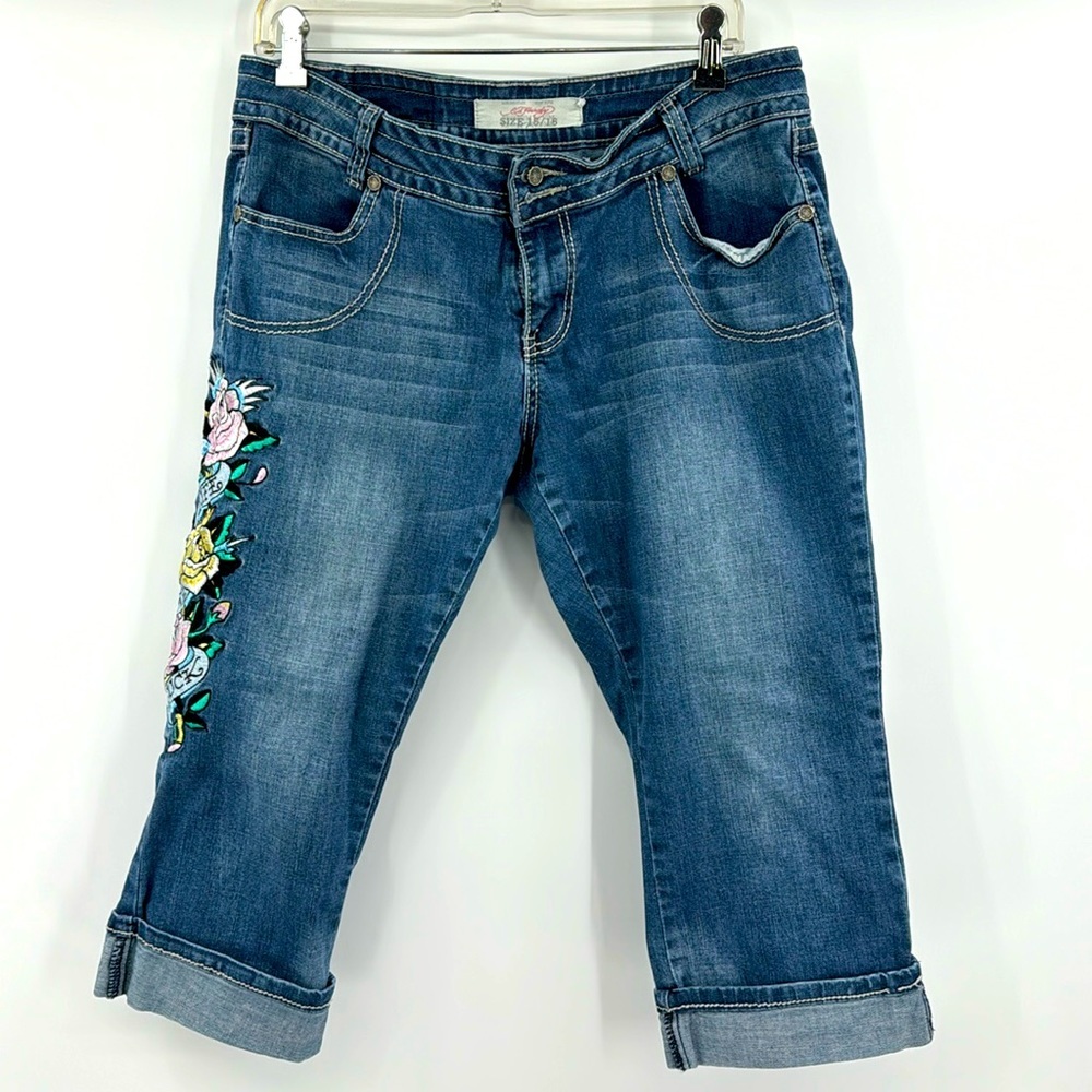 Ed Hardy Life Love Luck Floral Embroidered Cuffed Capri Jeans-Size 15/16